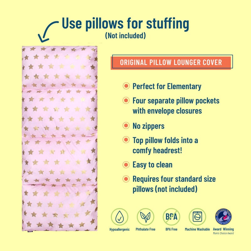 Wildkin Kids Floor Lounger â€“ Pillow Lounger, Travel-Friendly, Ideal for Sleepovers, Fits Standard Pillows - Pink and Gold Stars - Image 3